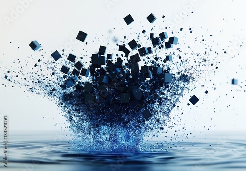 Black cubes amidst splashing blue water in a dynamic 3D view, highlighting the sense of movement and impact, great for modern and energetic design concepts.
