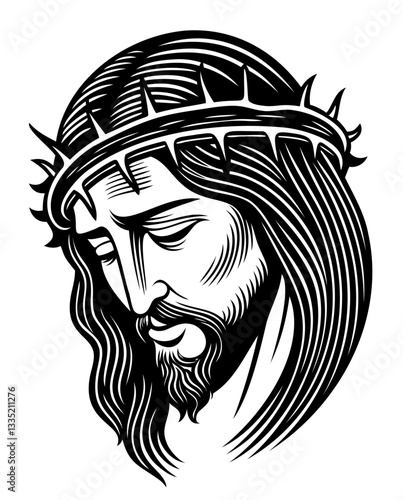 Black and white portrait of Jesus Christ: image of Jesus with a crown of thorns, made in the engraving technique