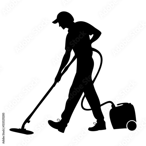 Silhouette of a cleaner with a vacuum cleaner: black silhouette of a man in a cap cleaning with a vacuum cleaner on a white background