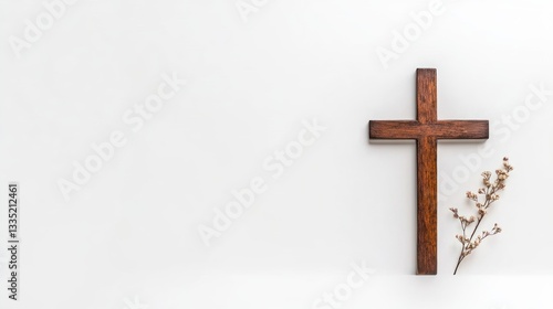 Christian Cross and Flowers on White Background for Funeral Invitation Template