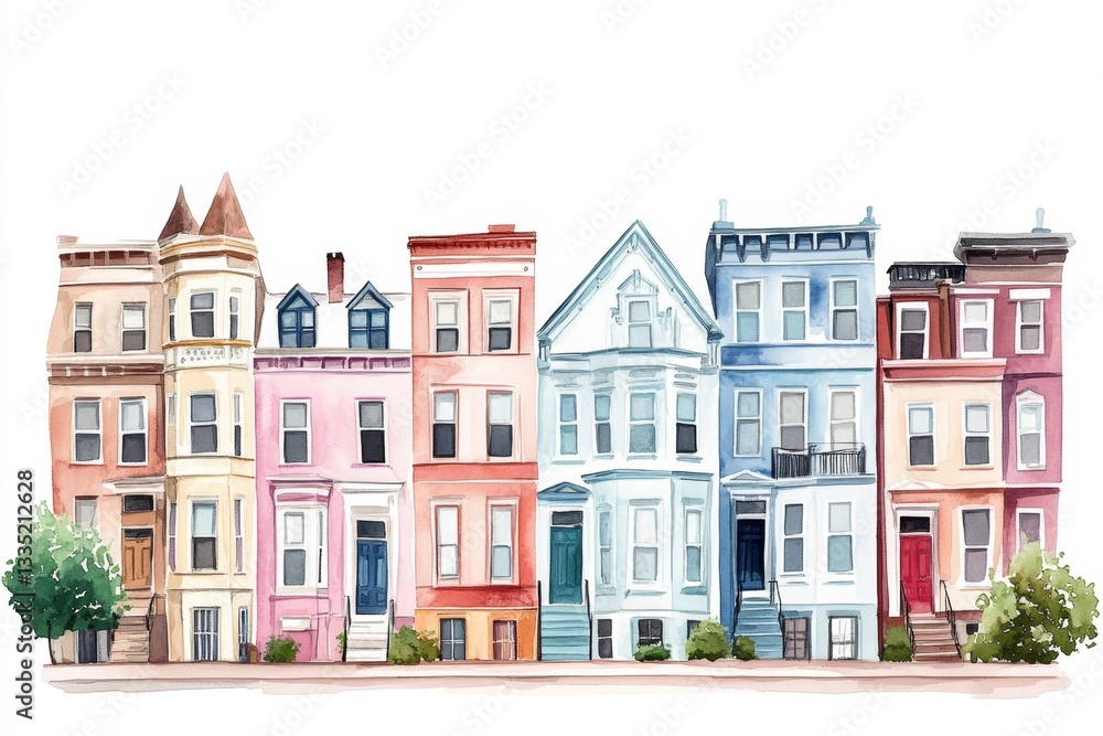 Fototapeta premium Watercolor Row Houses, Colorful Street Scene