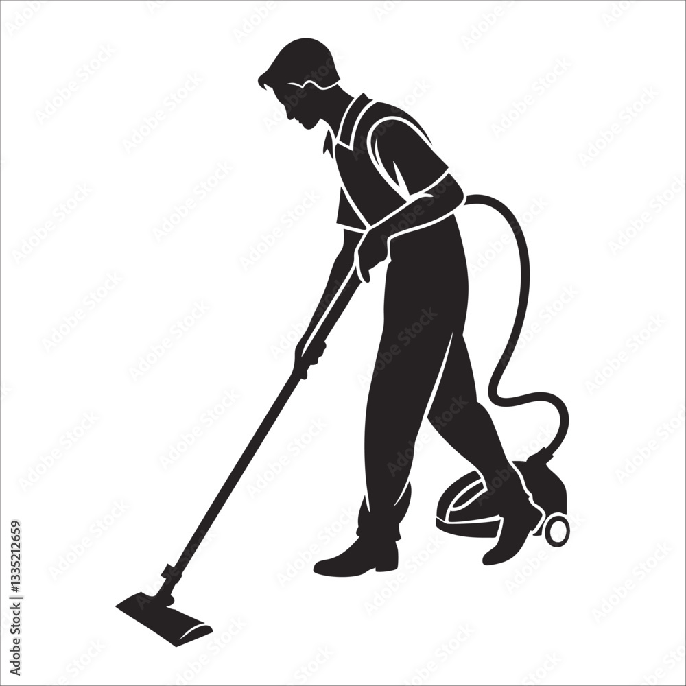 Silhouette of a cleaner with a vacuum cleaner: black silhouette of a man in a cap cleaning with a vacuum cleaner on a white background Silhouette of a cleaner with a vacuum cleaner: black silhouette of a man in a cap cleaning with a vacuum cleaner on a white background