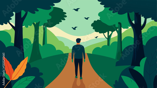 Nature Walk An individual walking along a path in a lush forest with trees and birds around symbolizing the therapeutic effects of connecting with nature during times of change.