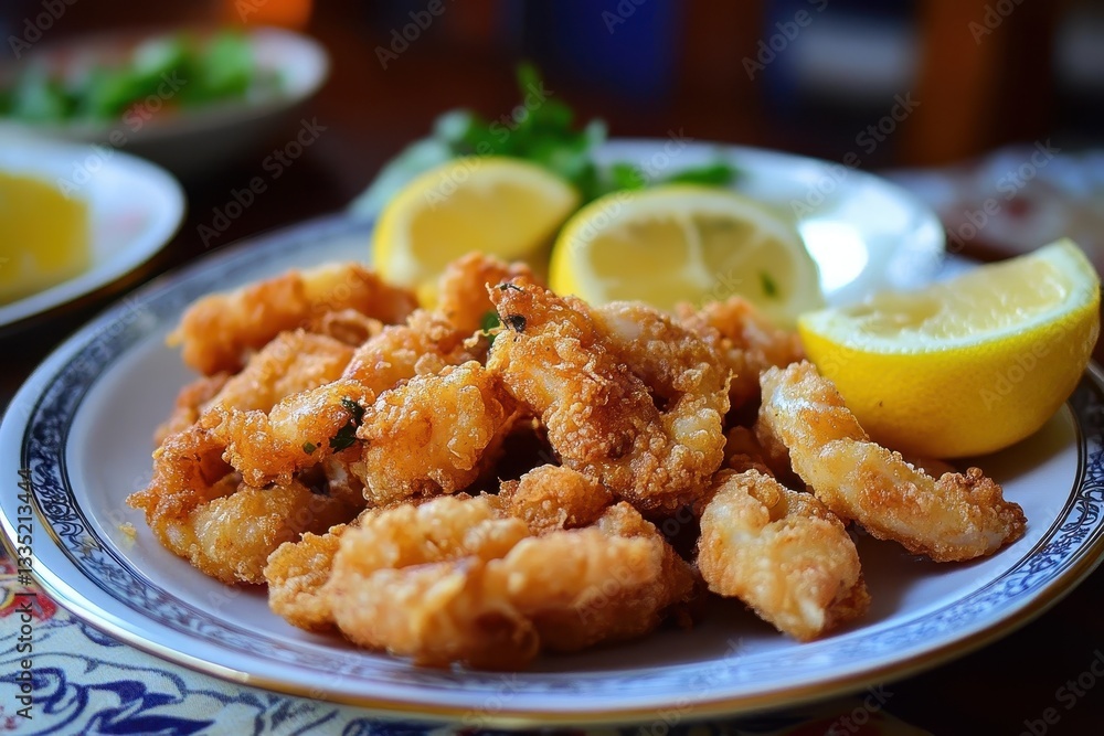 Freshly fried calamari rings served with lemon Freshly fried calamari rings served with lemon