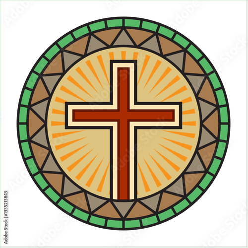 stylized stained glass window with a cross, a Christian symbol, in the center of a circle