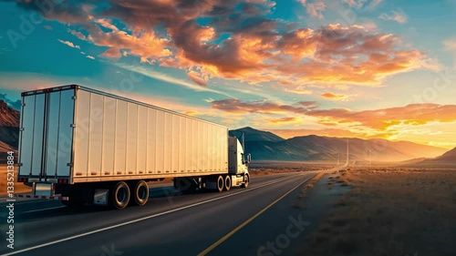 A white truck with a trailer for advertising on a highway in the USA. 