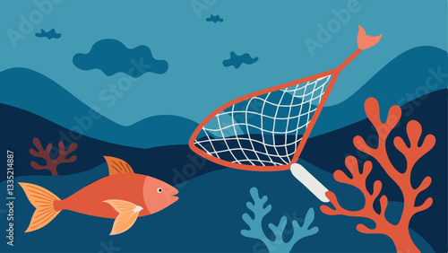 Overfishing Effects An showing a fishing net filled with fish being pulled up while around it corals are dying and showing signs of damage with no fish present.