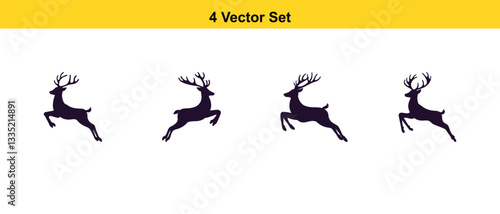 set of four jumping deer silhouettes, vector illustration of leaping stags with antlers, wildlife clipart for design and decorationset of four jumping deer silhouettes, vector illustration of leaping 