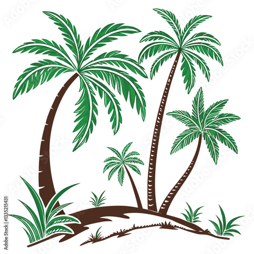 Tropical Paradise: A vector illustration of palm trees and tropical plants on an island.