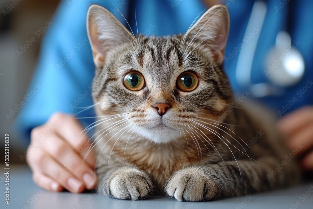 Close-up of a tabby cat being examined in a veterinary clinic; vet's hands visible. Close-up of a tabby cat being examined in a veterinary clinic; vet's hands visible.