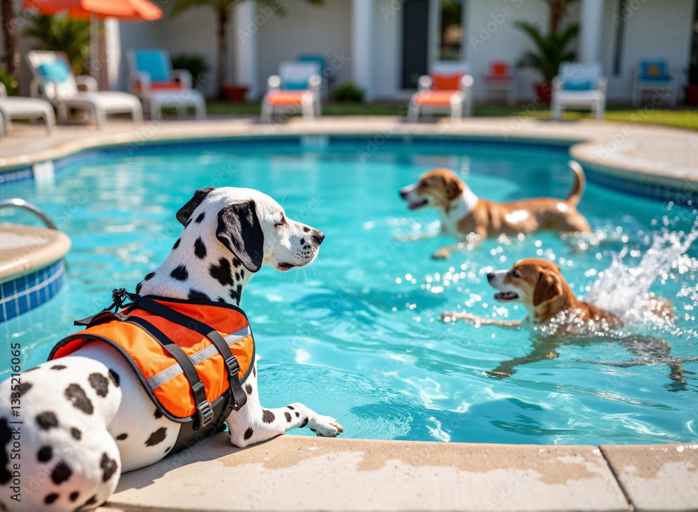 Dalmatian lounging on the pool deck, wearing a life jacket while watching other dogs play in the water