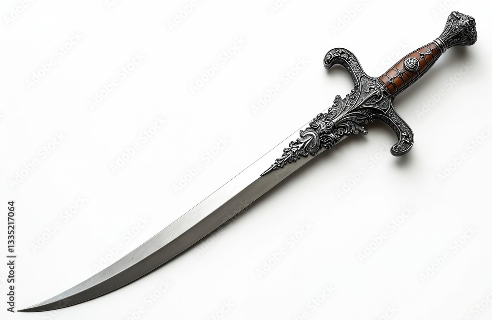 Ornate silver dagger with detailed handle on white background. Sharp metal weapon with curved blade. Cold steel dagger with mediaeval decorative elements for fantasy game. Ornate silver dagger with detailed handle on white background. Sharp metal weapon with curved blade. Cold steel dagger with mediaeval decorative elements for fantasy game.
