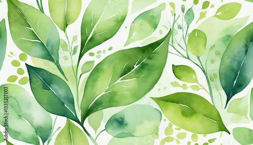 Watercolor illustration of lush green leaves with abstract splashes on a light background
