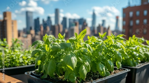 Fresh basil growing in rooftop garden with city skyline view photo