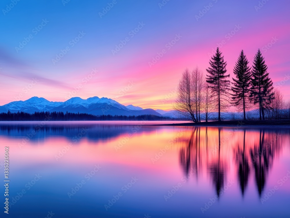 Fototapeta premium Serene winter sunset over a tranquil lake with silhouetted trees and mountains