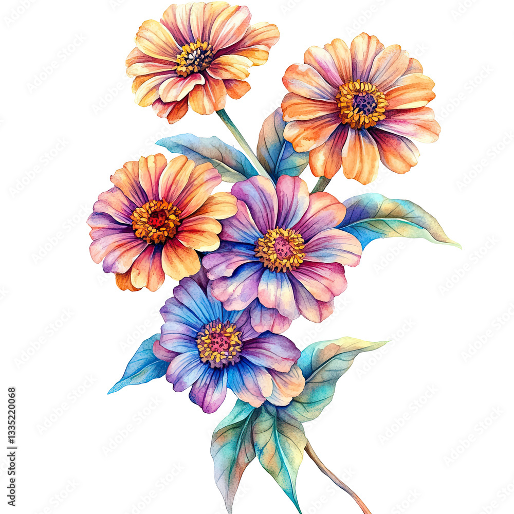 Fototapeta premium Watercolor zinnia flowers art for home decor and floral design on transparent background