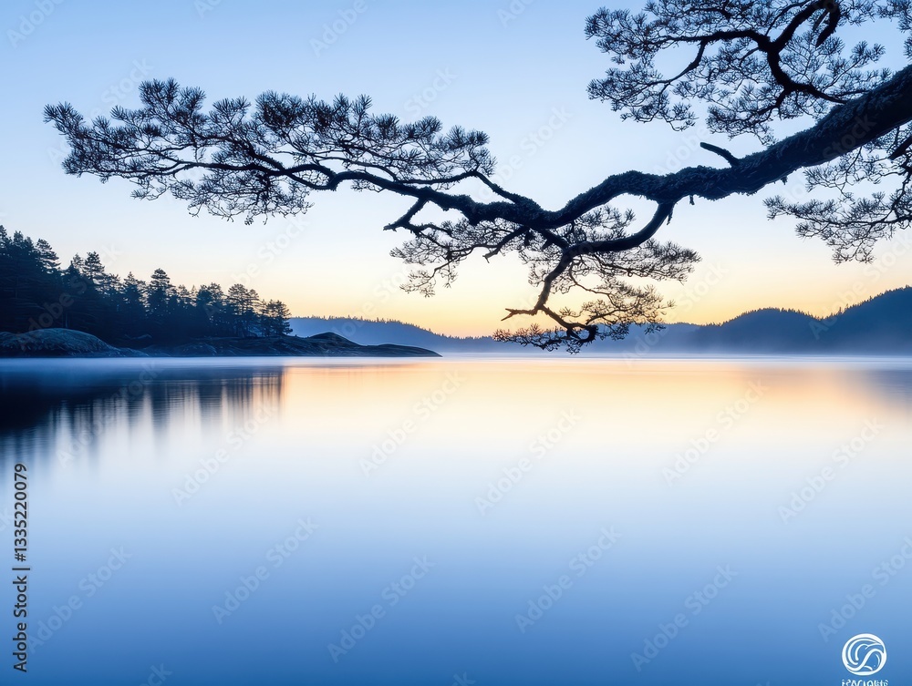 Serene lake at dawn with silhouetted trees and misty hills in the background Serene lake at dawn with silhouetted trees and misty hills in the background