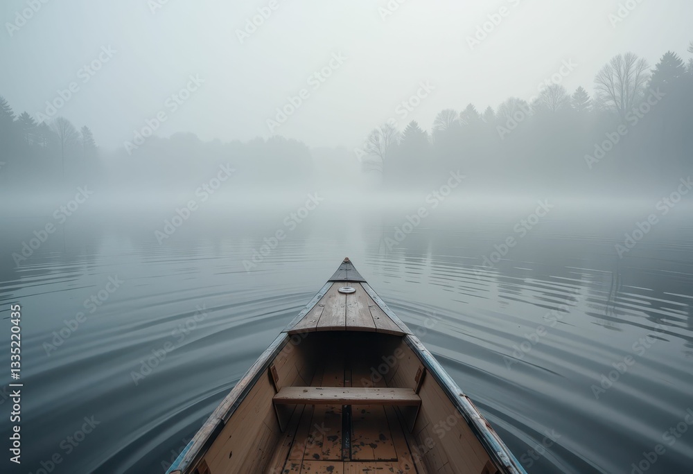 Serene Canoe on Foggy Lake Surrounded by Tranquil Nature Scenery Serene Canoe on Foggy Lake Surrounded by Tranquil Nature Scenery