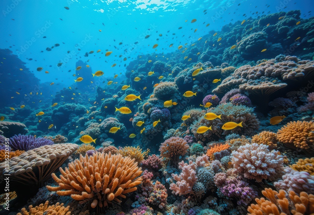 Naklejka premium Vibrant Coral Reef Scene with Colorful Fish Swimming in Ocean Depths
