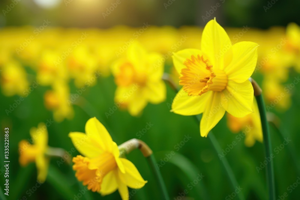 Fototapeta premium Field of sunny yellow daffodils in full bloom , yellow, landscape
