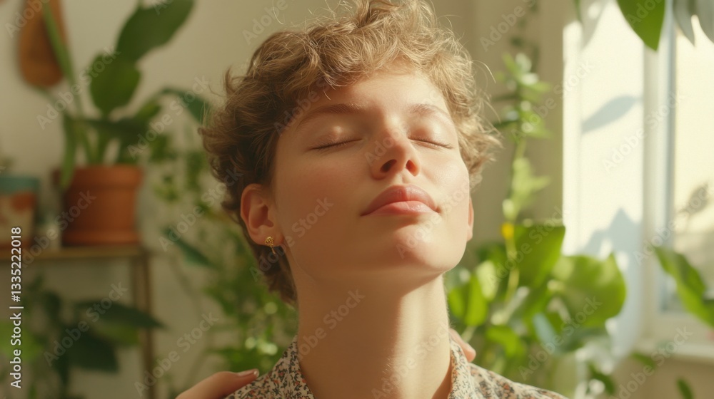 Serene Young Woman with Curly Hair Enjoying Natural Light at Home Serene Young Woman with Curly Hair Enjoying Natural Light at Home