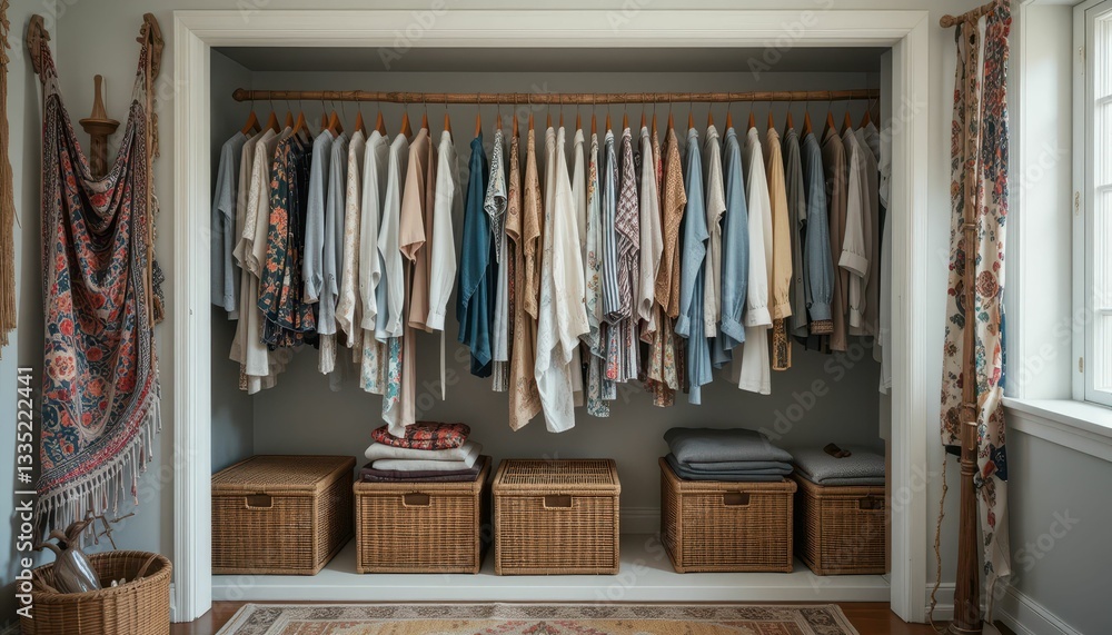 Organized Closet with Light Clothes and Woven Baskets in Room Organized Closet with Light Clothes and Woven Baskets in Room