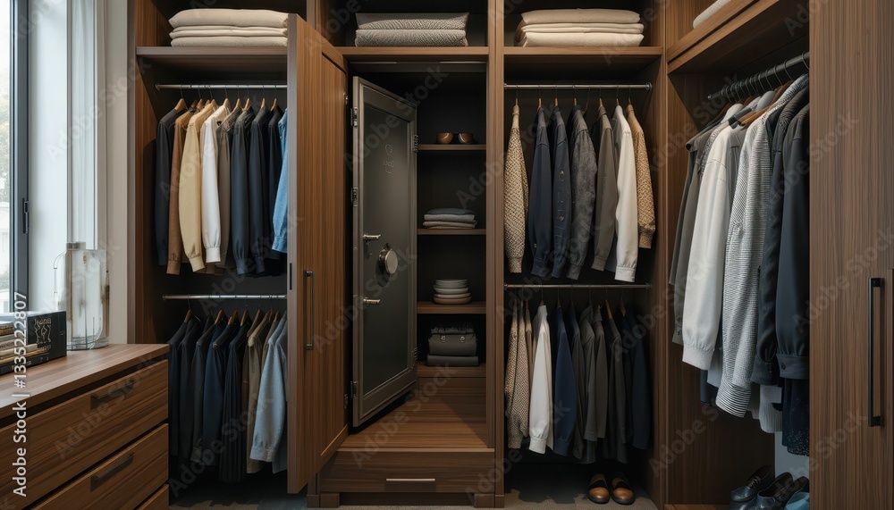 Stylish Wooden Wardrobe with Open Safe and Organized Shelves Stylish Wooden Wardrobe with Open Safe and Organized Shelves