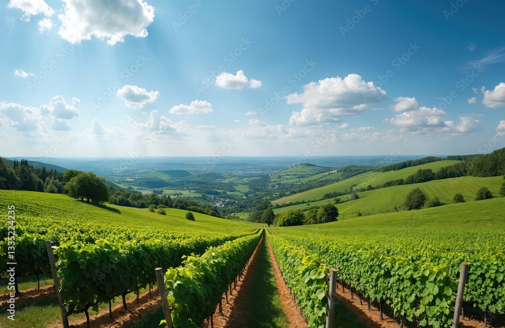 Fototapeta premium Vineyard landscape under blue sky with white clouds. Rows of grape vines, green hills. Picturesque Rhineland-Palatinate scenery in summer. Travel destination, wine production, beautiful countryside,