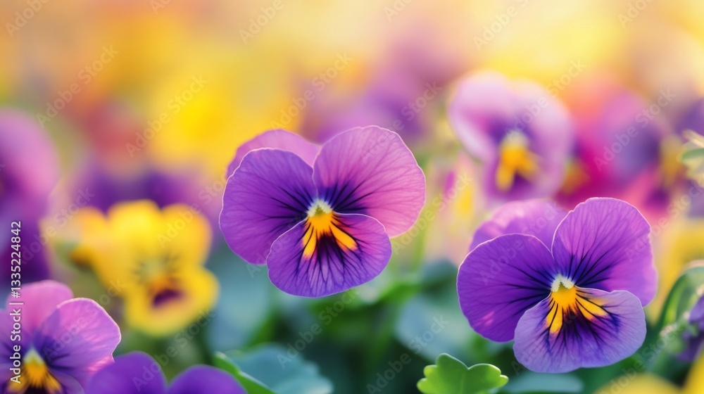 Vibrant spring garden with purple and yellow pansies in bloom Vibrant spring garden with purple and yellow pansies in bloom