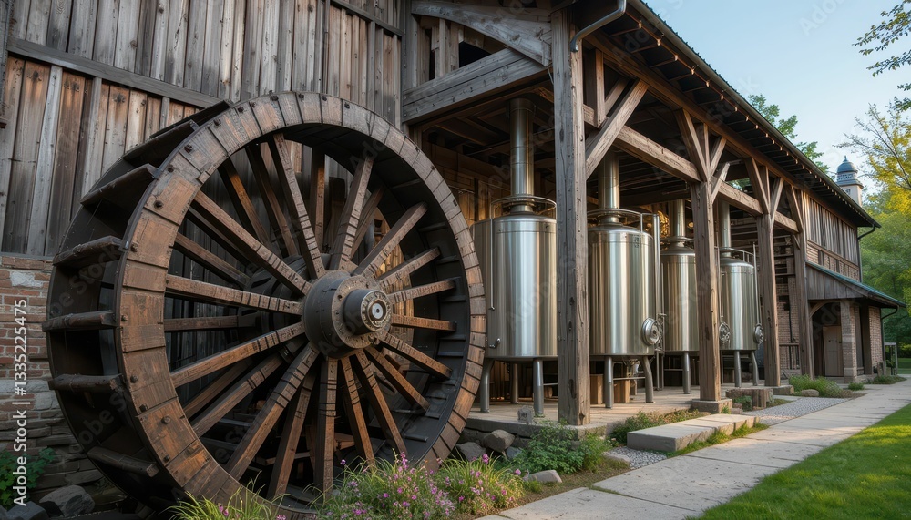 Rustic Brewery Facade with Wooden Wheel and Silver Tanks in Sunlight Rustic Brewery Facade with Wooden Wheel and Silver Tanks in Sunlight
