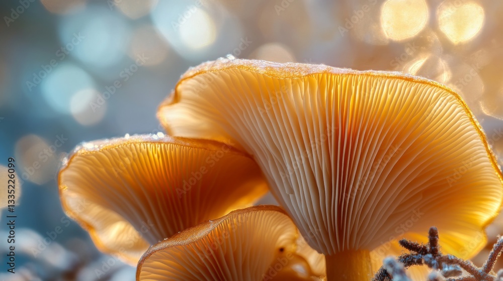 Glowing mushrooms in enchanting forest with sunlit background for nature design Glowing mushrooms in enchanting forest with sunlit background for nature design