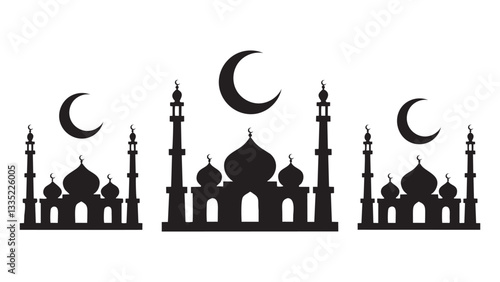 Islamic Mosque Silhouettes, Crescent Moons, Religious Symbols