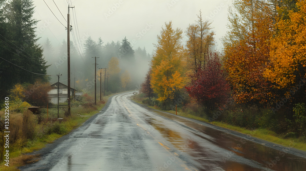 Fototapeta premium Serene Autumn Road Lined with Colorful Trees on a Rainy Day