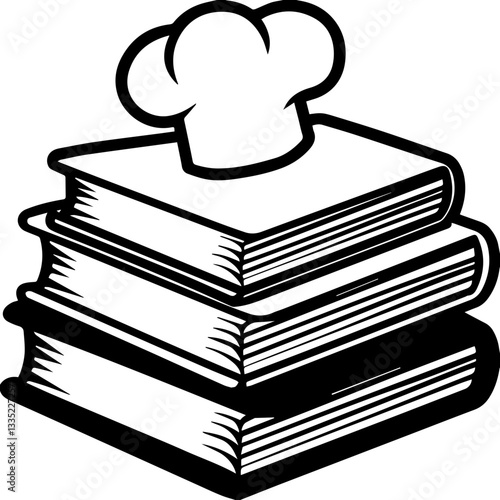 Popular cookbook cover design, SVG with clean lines, Chef Hat on Top of Stack of Books in Black and White Style