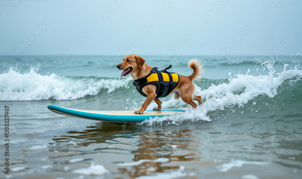 surfboard with a dog wearing a life vest surfing on the ocean waves