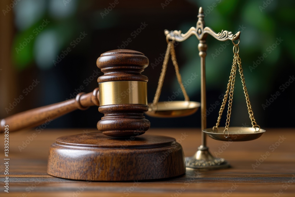An antique brass scales of justice is posed with a wooden gavel on a polished wood surface. An antique brass scales of justice is posed with a wooden gavel on a polished wood surface.