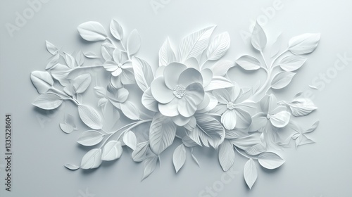 Floral Artwork: A 3D rendering of a white flower with green leaves and stems.