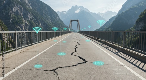 Cracked Bridge Road with Connectivity Signals Over Mountain Landscape