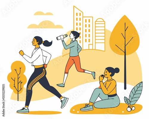 People Doing Outdoor Fitness Exercises. Flat style vector illustration of people doing outdoor fitness activities in a city park. Women jogging, exercising, drinking water and relaxing after workout. 