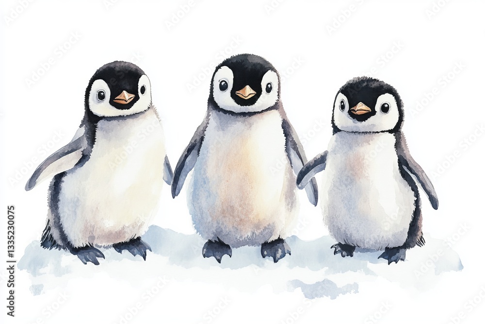 Obraz premium Adorable Watercolor Penguin Trio Cute Baby Penguins Winter Animals Wildlife Illustration Watercolor Painting Snow Nature Scene Childrens Art Penguin 