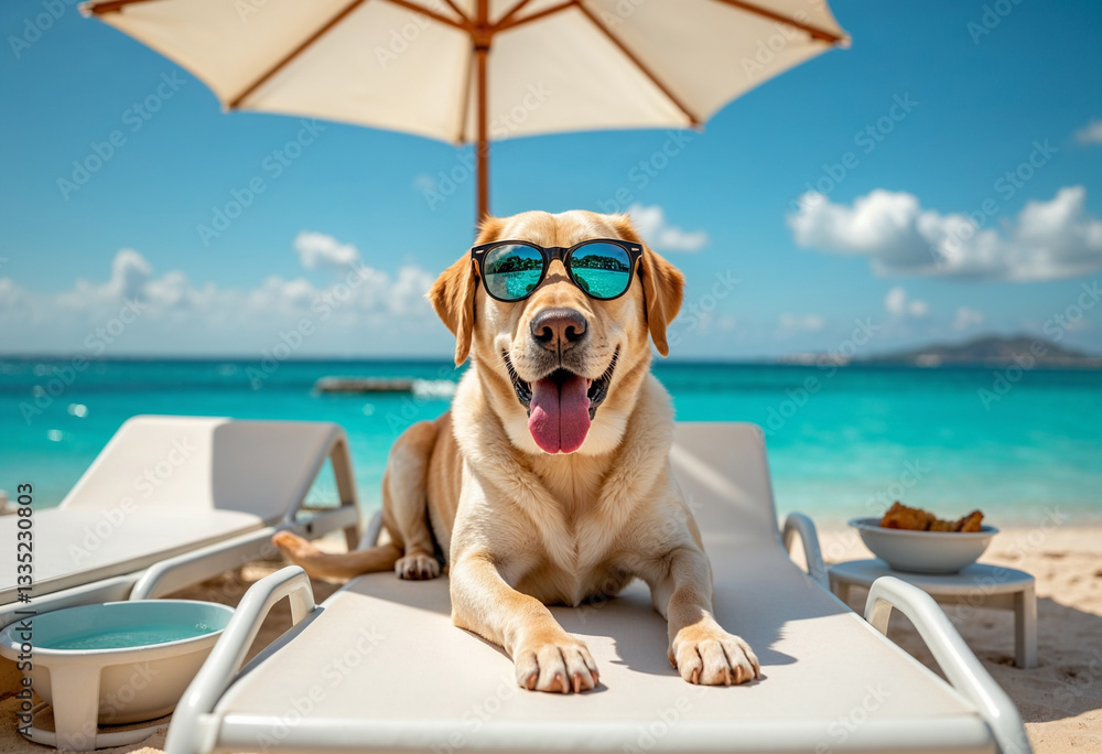 a Labrador lying on a poolside lounge chair under a beach umbrella