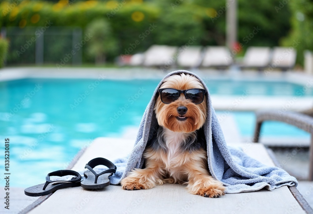 yorkshire terrier in sunglasses wrapped in a towel, sitting on the pool chaise lounge by the pool after a swim with a pair of flipflops