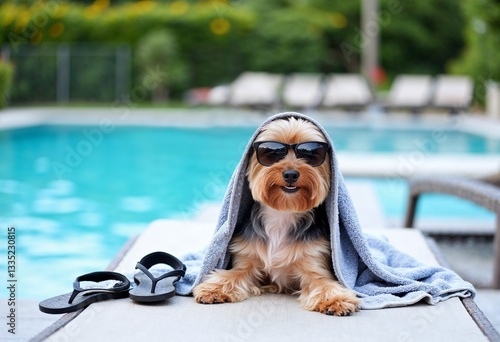 Obraz na płótnie yorkshire terrier in sunglasses wrapped in a towel, sitting on the pool chaise lounge by the pool after a swim with a pair of flipflops w salonie