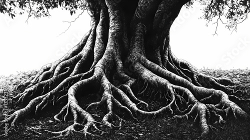 Imposing landscapes adorned with tangled roots of ancient trees. Entangled Roots. Illustration