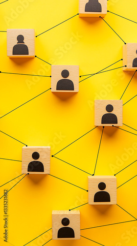 Social Network Concept with Connected Wooden Blocks on Yellow Background