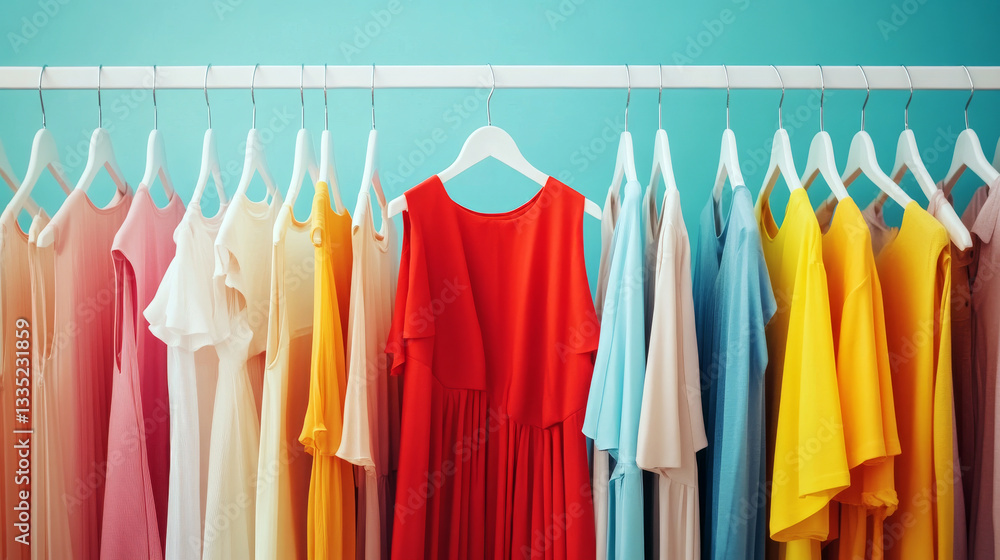 Fototapeta premium White Clothing Rack With a Bold Red Dress Among Pastel Outfits, Striking Contrast
