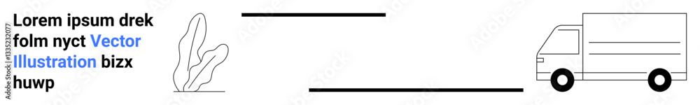 Delivery truck with clean lines on blank space, plant graphic element, and placeholder text. Ideal for logistics, minimalistic design, transport services, modern branding, eco concepts, business Delivery truck with clean lines on blank space, plant graphic element, and placeholder text. Ideal for logistics, minimalistic design, transport services, modern branding, eco concepts, business