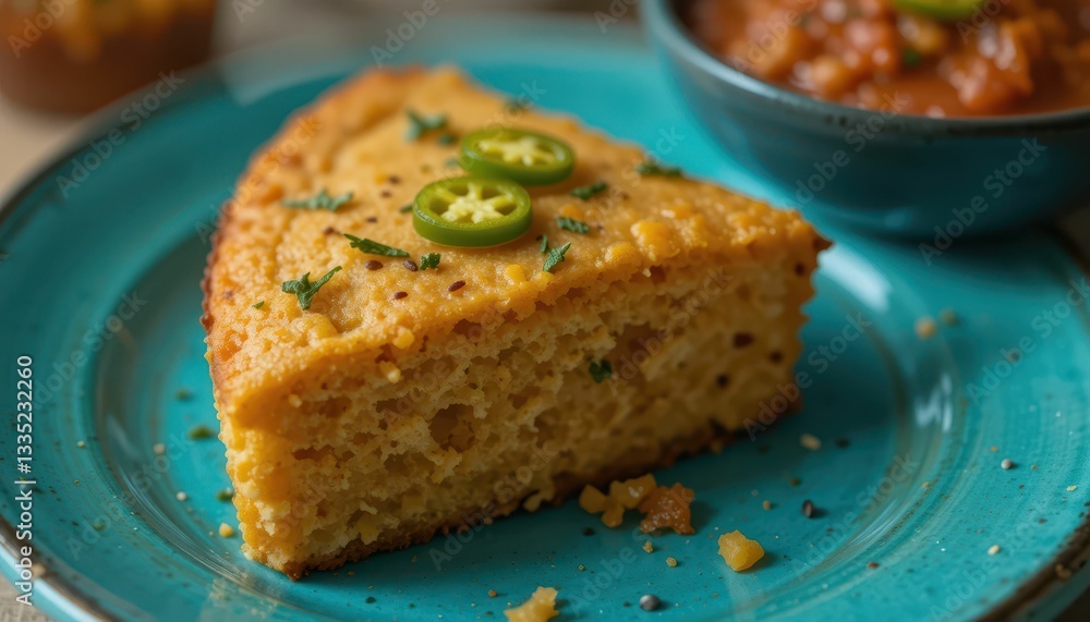 Delicious Cornbread Slice with Jalapeño and Spicy Salsa Dish Delicious Cornbread Slice with Jalapeño and Spicy Salsa Dish