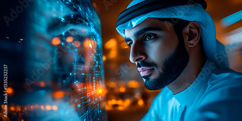 Modern Middle Eastern Businessman Analyzing Digital Data on Futuristic Screen