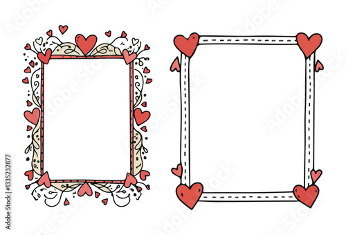 Doodle hand drawn coquette frames with hearts ideal for wedding invitations, birthday cards, or decorative prints, this vector illustration captures a modern yet nostalgic feel. 